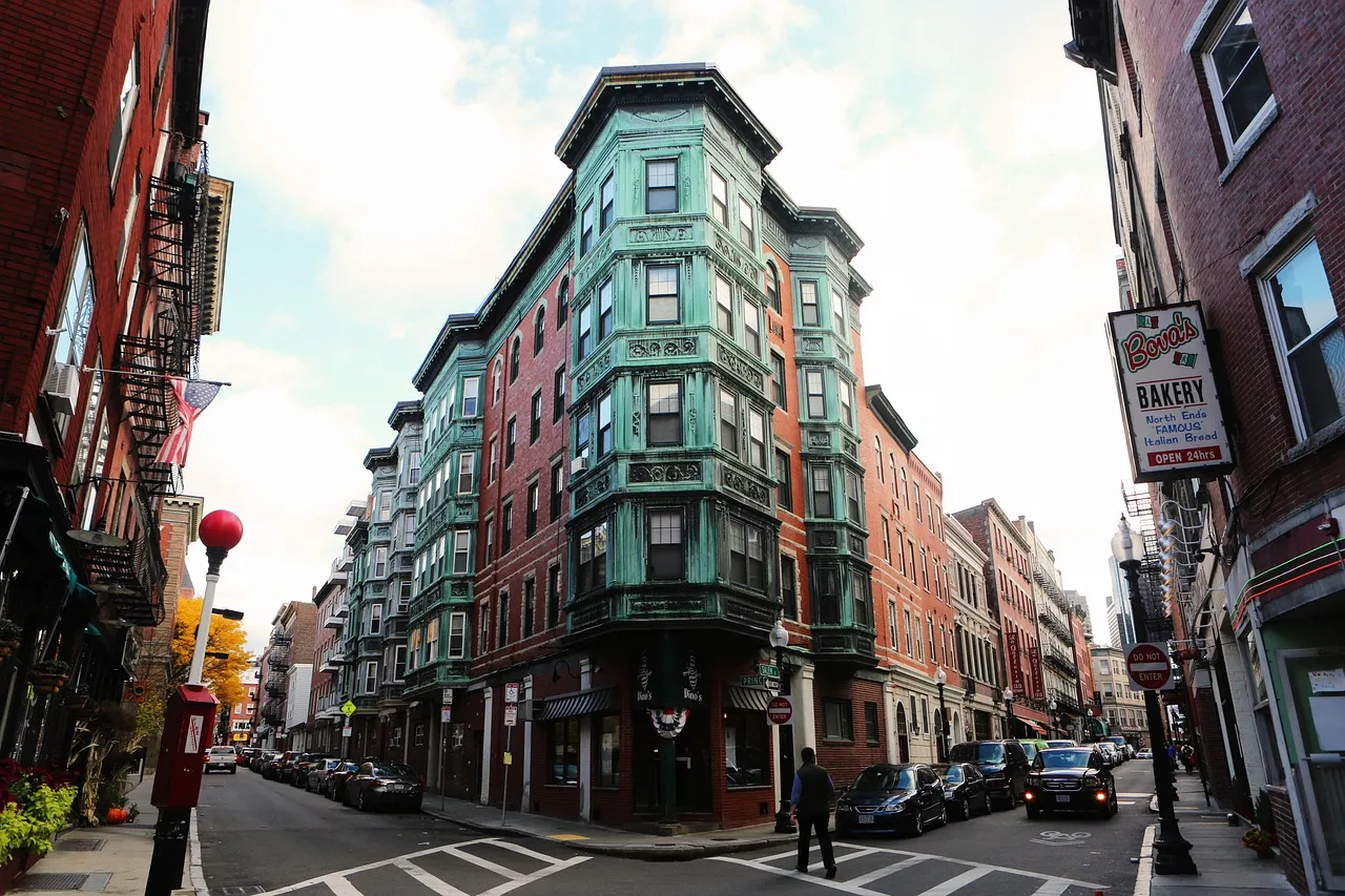Brick apartment buildings at a street corner in Boston