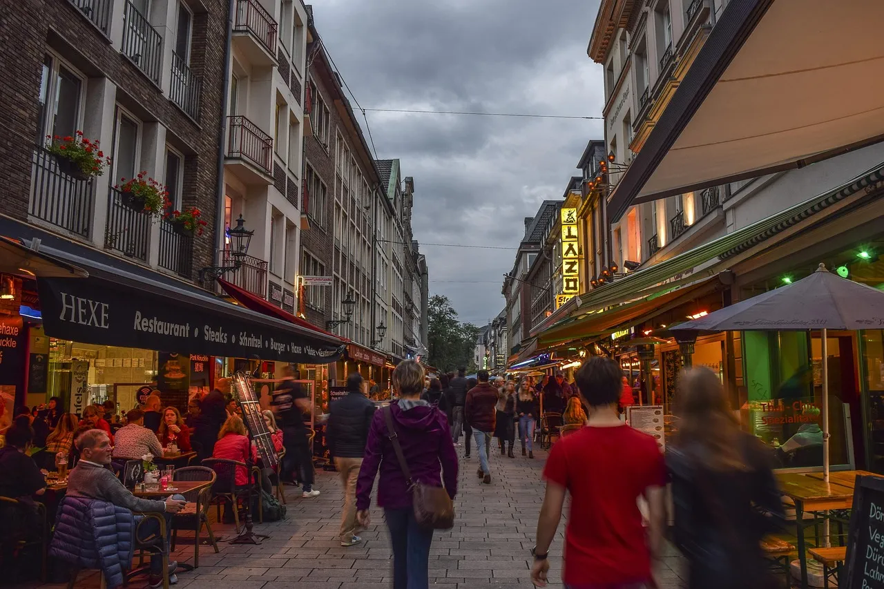 Restaurant terraces on an old-town street