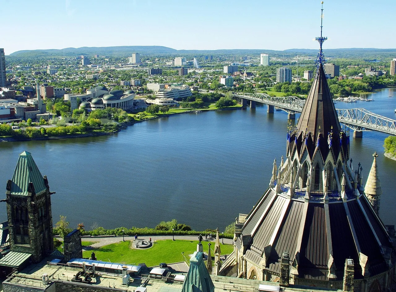 The river and the city beyond, seen from a gothic rooftop