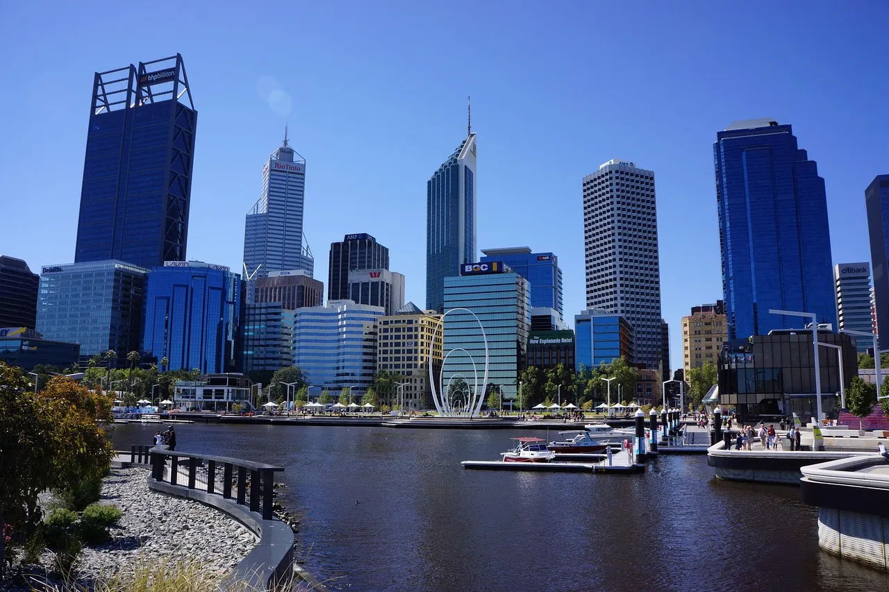 Office towers above a marina in central Perth