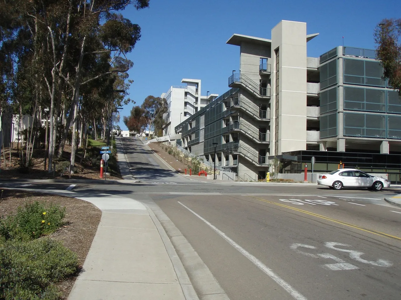 A modern apartment block on a hillside street