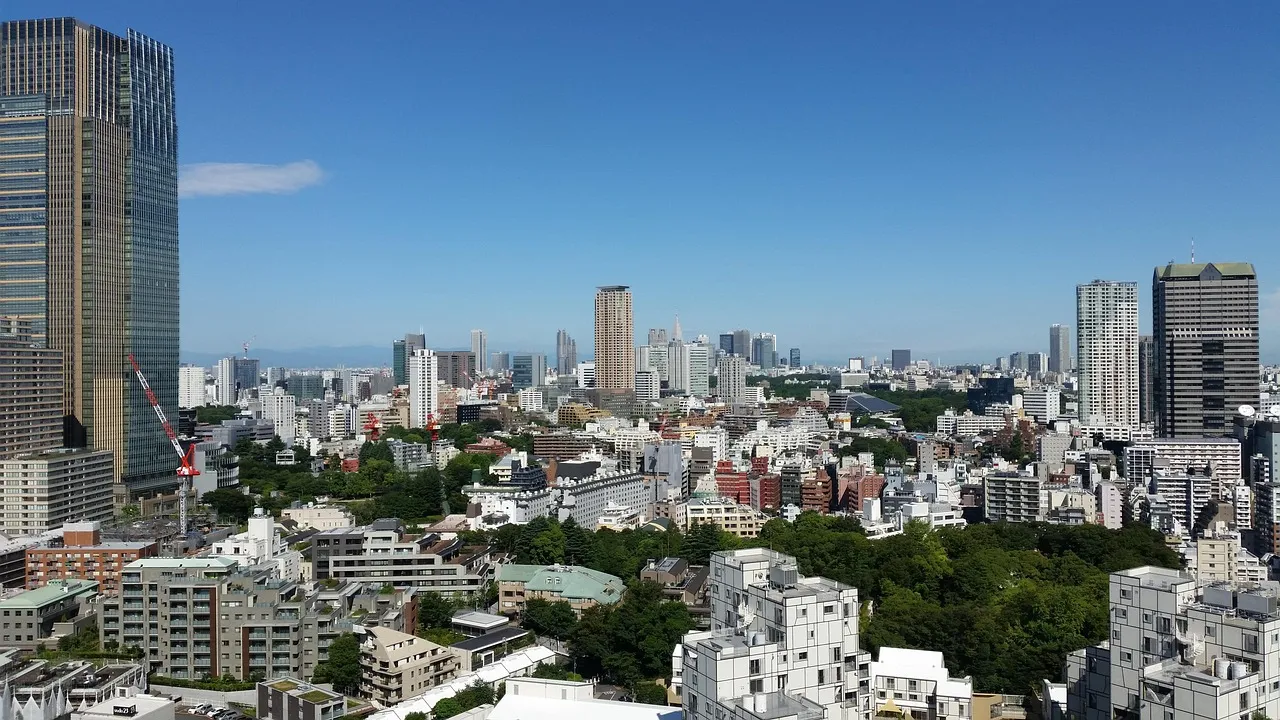 Low-rise housing and towers in central Tokyo from above
