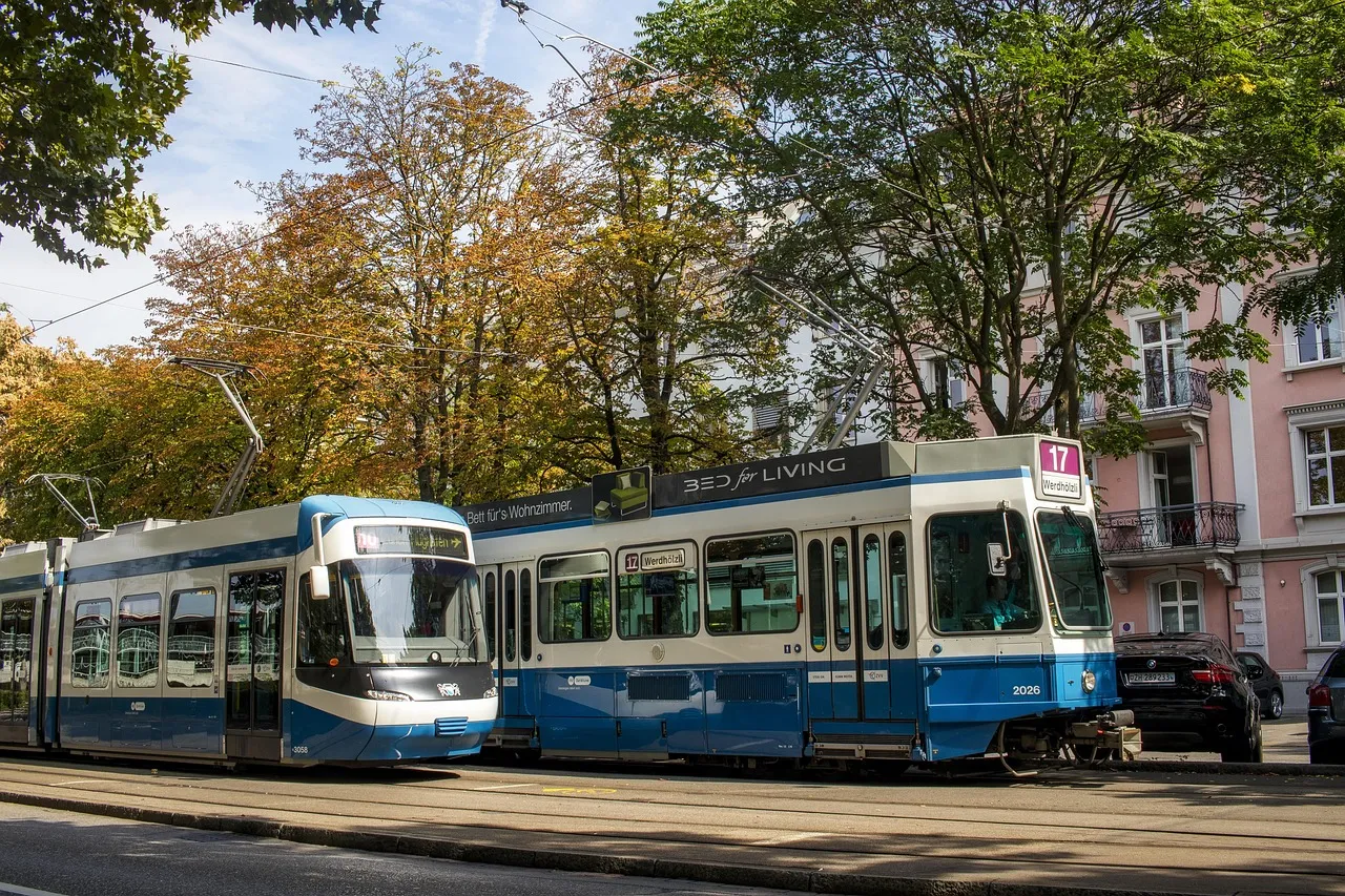 Tramways dans une rue bordée d’arbres à Zurich